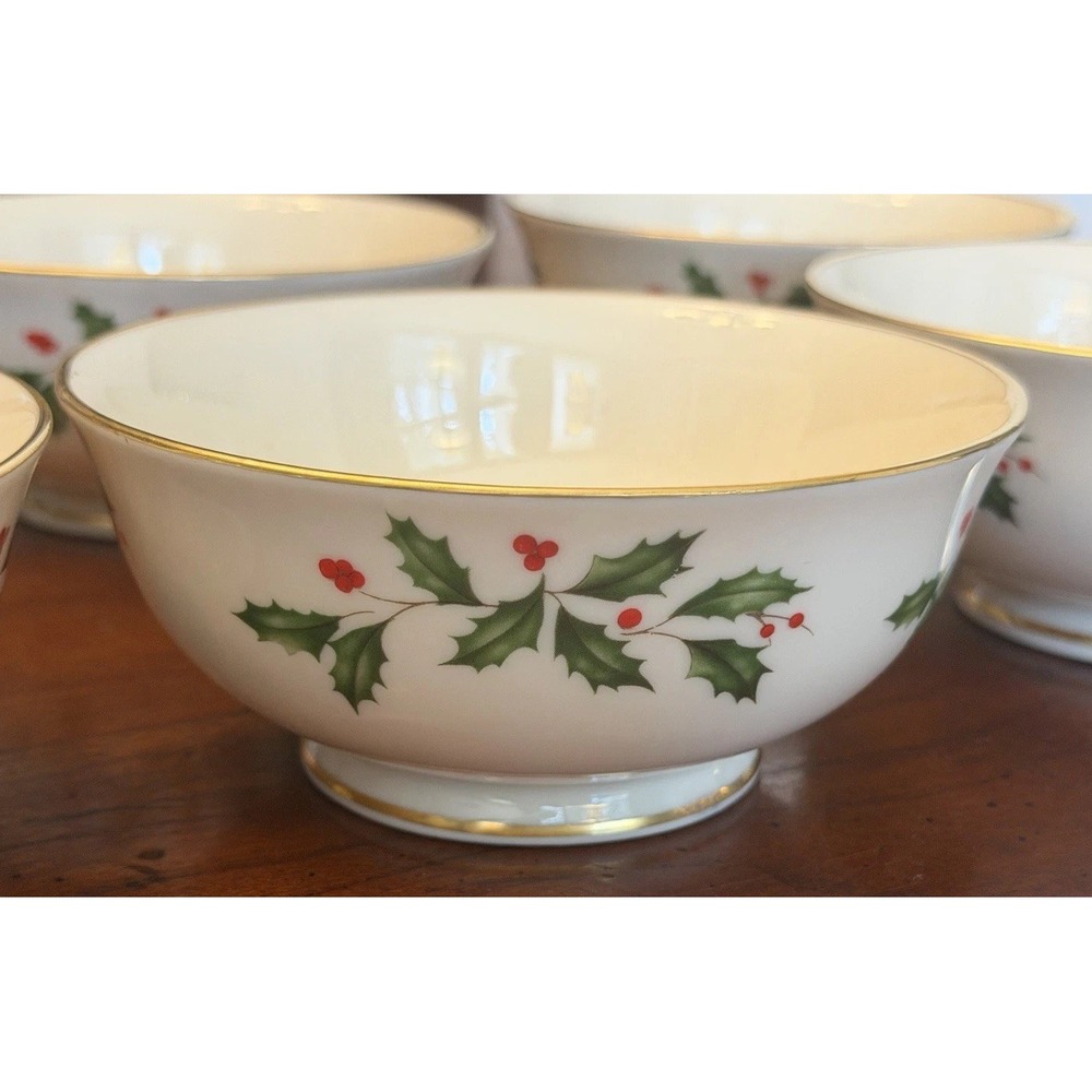 Set of 6 Lenox Holiday Footed Dessert Fruit Bowls 5" Ivory Gold Trim USA